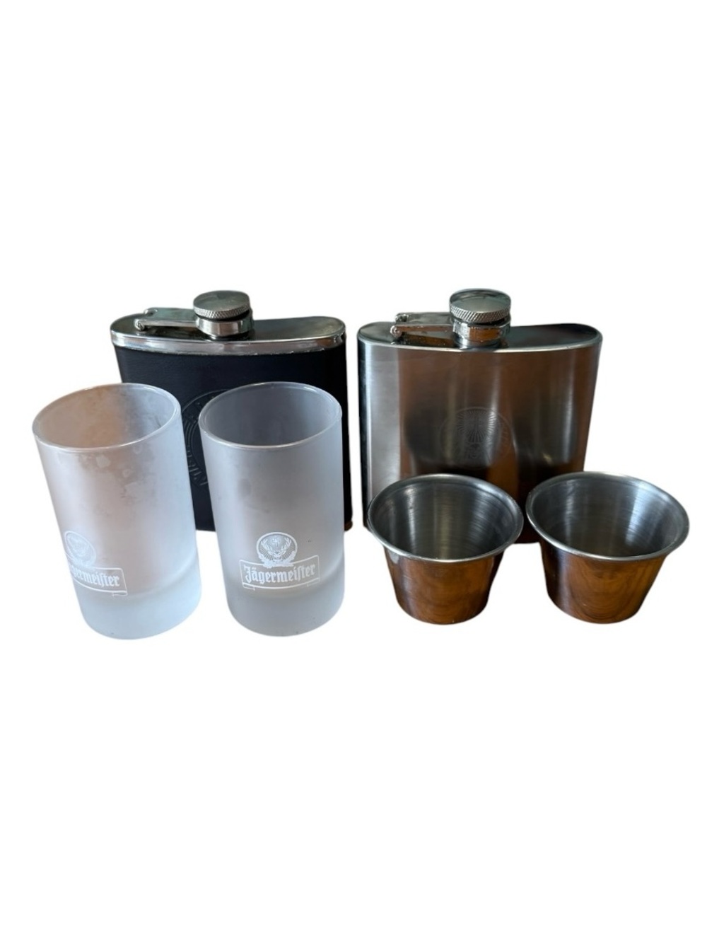 Jagermeister & Hooter Silver Anniversary Stainless Steel Flask 6oz 4 Shot Glass